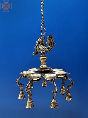 9" Brass Peacock Hanging Diya with Bells | Handmade