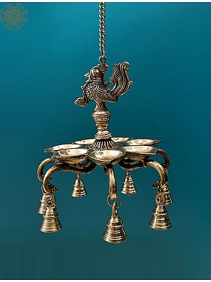 9" Peacock Hanging Diya with Bells | Handmade