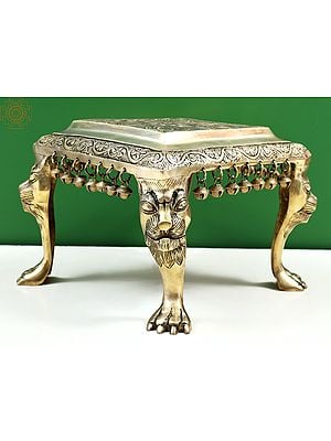 11" Brass Flower Design Lion Leg Chowki with Ghungroo | Handmade