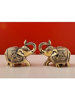 4" Handmade Trunk Up Elephant Pair Brass Statue with Engraved Lakshmi Ganesha