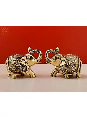 4" Superfine Engraved Lakshmi Ganesha Pair of Elephant Statues with Trunk Up | Handmade