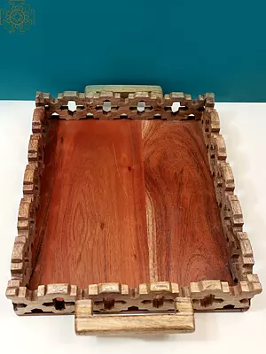 18" Decorative Wooden Tray with Lattice Boundary | Handmade
