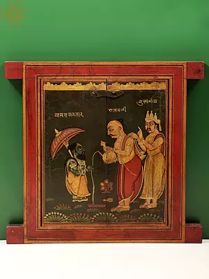 13" Hand Painted King Bali with his Guru Shukracharya and Lord Vamana Jharokha (Window) | Wooden Window | Handmade