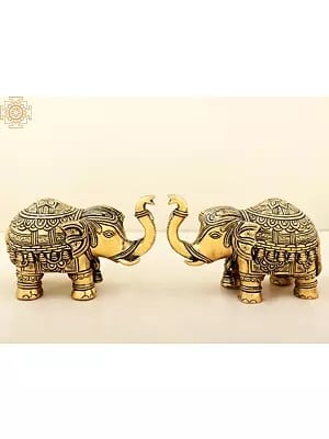 6" Carved Elephant Pair Brass Statue with Trunk Up | Handmade