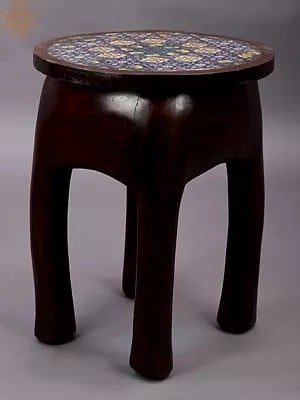 18" Hand Painted Wooden Stool with Ceramic Tiles | Handmade