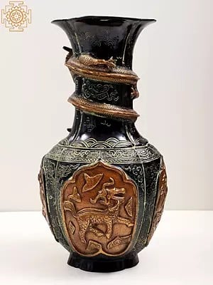 14" Brass Flower Vase with Dragon Carving | Handmade