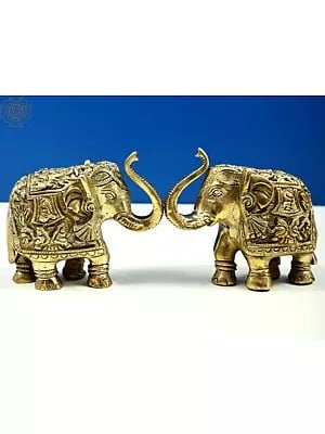 3" Small Engraved Pair of Elephants Statue with Trunk Up