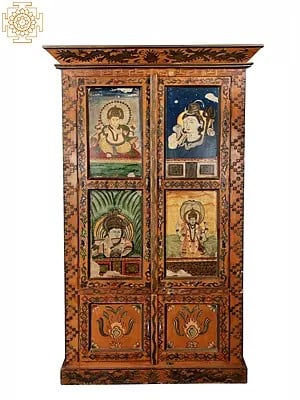 76" Vintage Hand Painted Hindu God Wooden Cabinet