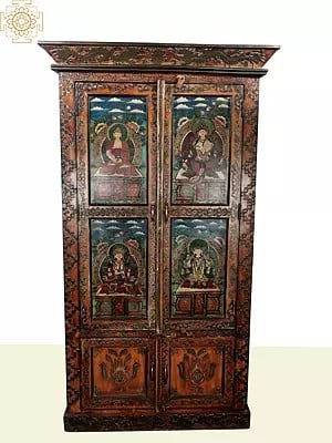 77" Vintage Hand Painted Tibetan Buddha Wooden Cabinet
