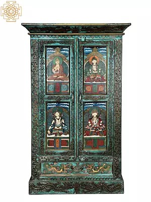 60" Vintage Hand Painted Tibetan Buddha Wooden Cabinet
