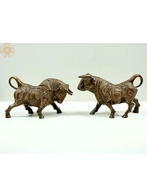 Brass Fighting Bull with Ganesha Carving