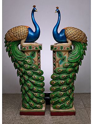 45" Large Marble Peacock Figurine Pillar (Pair)