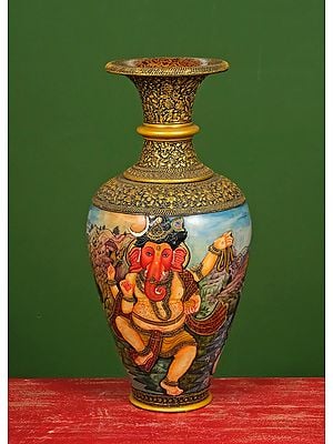 27" Ganesha Lakshmi with Saraswati Print Marble Flower Vase