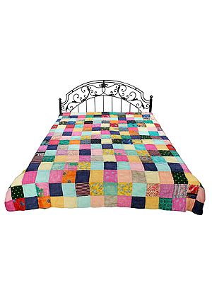 Multicolor Patchwork Kantha Styled Reversible Bedding Quilt From Jodhpur
