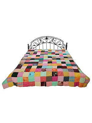 Multicolor Patchwork Kantha Styled Reversible Bedding Quilt from Jodhpur