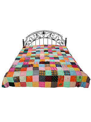 Multicolor Patchwork Kantha Styled Reversible Bedding Quilt from Jodhpur