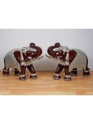 32" Large Wooden Elephant Figurine (Pair)