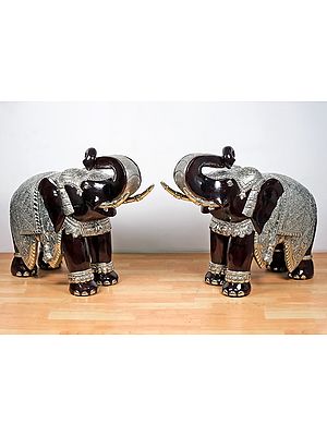 35" Large Wooden Elephant Figurines (Pair)