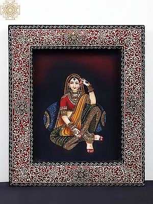 13" Sitting Lady Painting with Handmade Wooden Frame