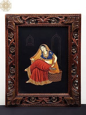Sitting Indian Lady Painting with Wooden Frame