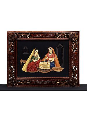 21" Lady and Her Friend Painting with Wooden Frame