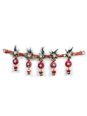 Red Jute Flower Door Decor Peacock Feather Toran With Wool Pom-Pom Balls And Bells