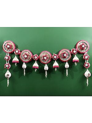 Fuschia-Cream Floral Door Decor Toran With Beads And Tassels