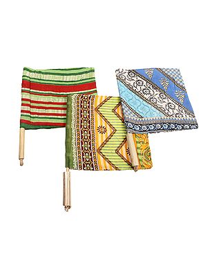 Set of 3 - Handheld Fabric Covered Rotating Bamboo Fan / Hand-Crafted Pankha