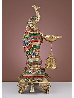 20" Brass Peacock Diya with Bell | Handmade