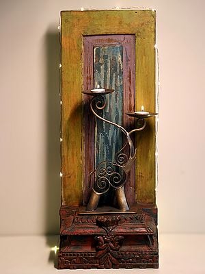 24" Vintage Wooden Pedestal with Elephant Candle Holder | Handmade