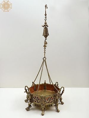 14" Roof Hanging Lady Pedestal With Peacock Design (Chowki) in Brass With Copper