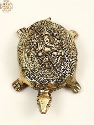3" Small Brass Vastu Tortoise with Ganesha on Top | Handmade