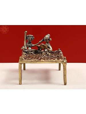 4" Small Traditional Charpai with Tribal Figure in Brass