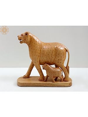 6" Wooden Leopard Walking With Her Small Cub