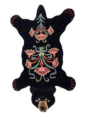 Caviar-Black Floral Bear Wool Yogic Asana Mat from Mirzapur