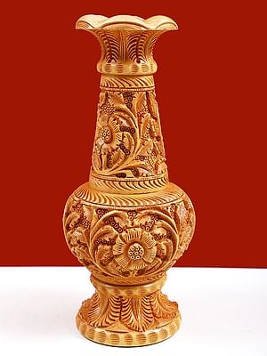 10" Wooden Flower Vase with Flower Carving