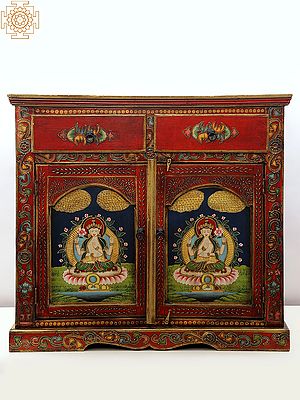 35" Hand Painted Tibetan Buddhist Wooden Cabinet