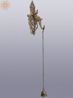 31" Brass Parrot Wall Bracket with Hanging Temple Bell