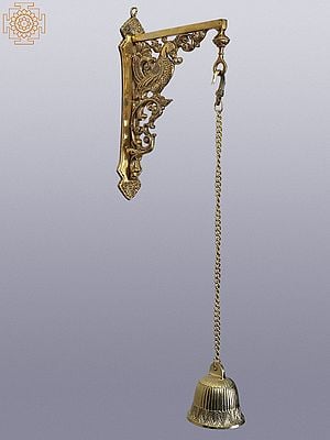 26" Brass Peacock Wall Bracket with Temple Bell