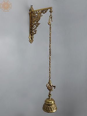 34" Brass Peacock Bracket with Dancing Lord Ganesha Hanging Bell