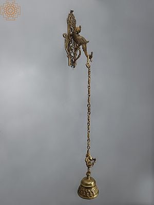 38" Brass Wall Hanging Parrot Bracket with Lord Dancing Ganesha Bell