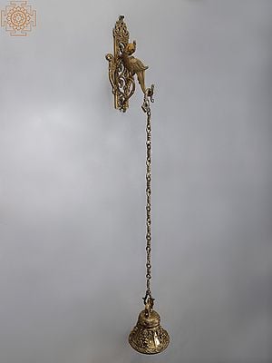 42" Brass Lord Ganesha Bell with Wall Hanging Parrot Bracket