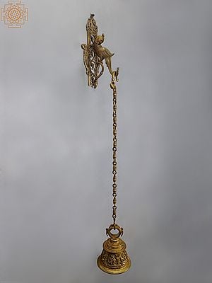 42" Brass Temple Hanging Bell with Parrot Bracket | Lord Shiva, Hanuman, Ganesha, Goddess Lakshmi, Durga and Radha Krishna
