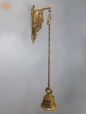 38" Brass Parrot Bracket with Temple Hanging Bell | Lord Shiva, Hanuman, Ganesha, Goddess Lakshmi, Durga and Radha Krishna