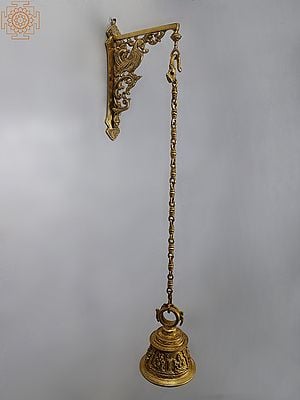 37" Brass Peacock Bracket with Temple Hanging Bell | Lord Shiva, Hanuman, Ganesha, Goddess Lakshmi, Durga and Radha Krishna