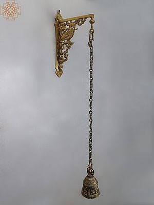 38" Brass Peacock Wall Bracket with Temple Hanging Bell