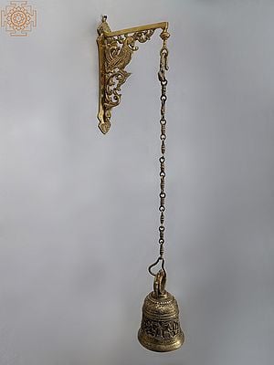 38" Brass Lord Krishna Leela Temple Hanging Bell with Peacock Bracket