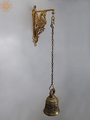 36" Brass Parrot Bracket with Lord Krishna Leela Temple Hanging Bell