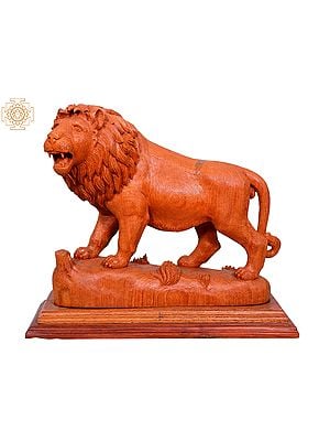 16" Wooden Lion Statue Roar in Jungle | Teakwood Lion Figurine