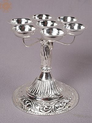 5" Silver Eight Deepak Pooja Oil Lamp With Stand From Nepal